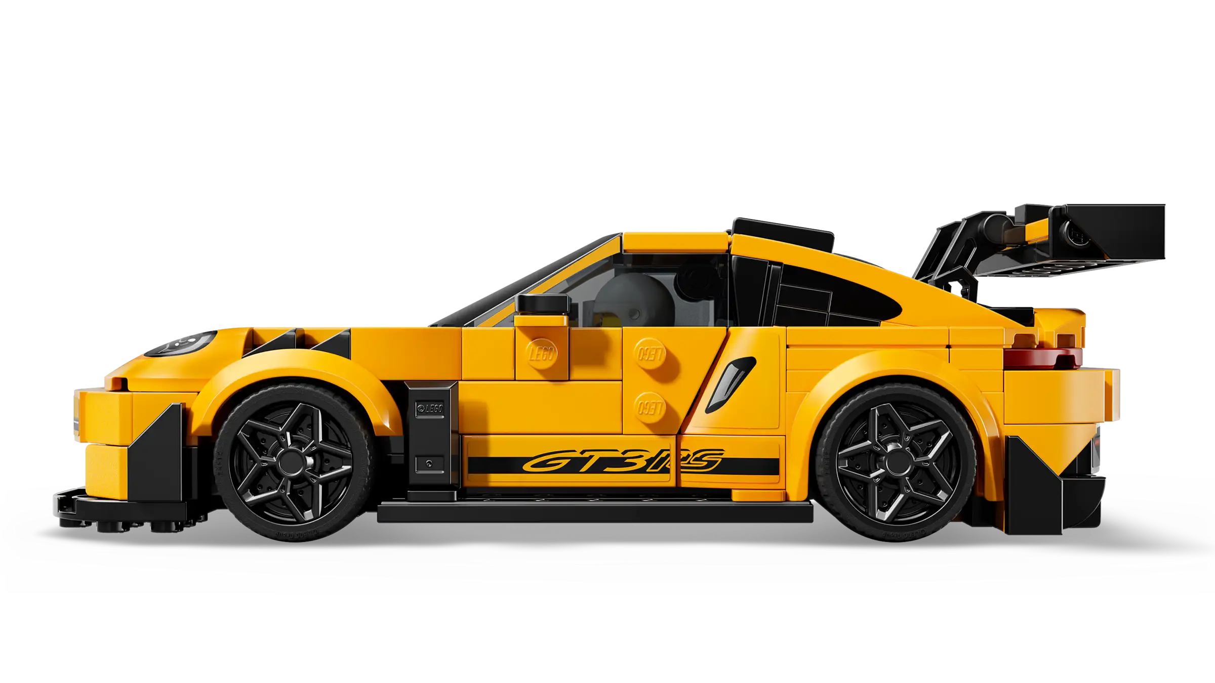 LEGO 77239 Porsche 911 GT3 RS - Yellow sports car model made of interlocking bricks on a white background