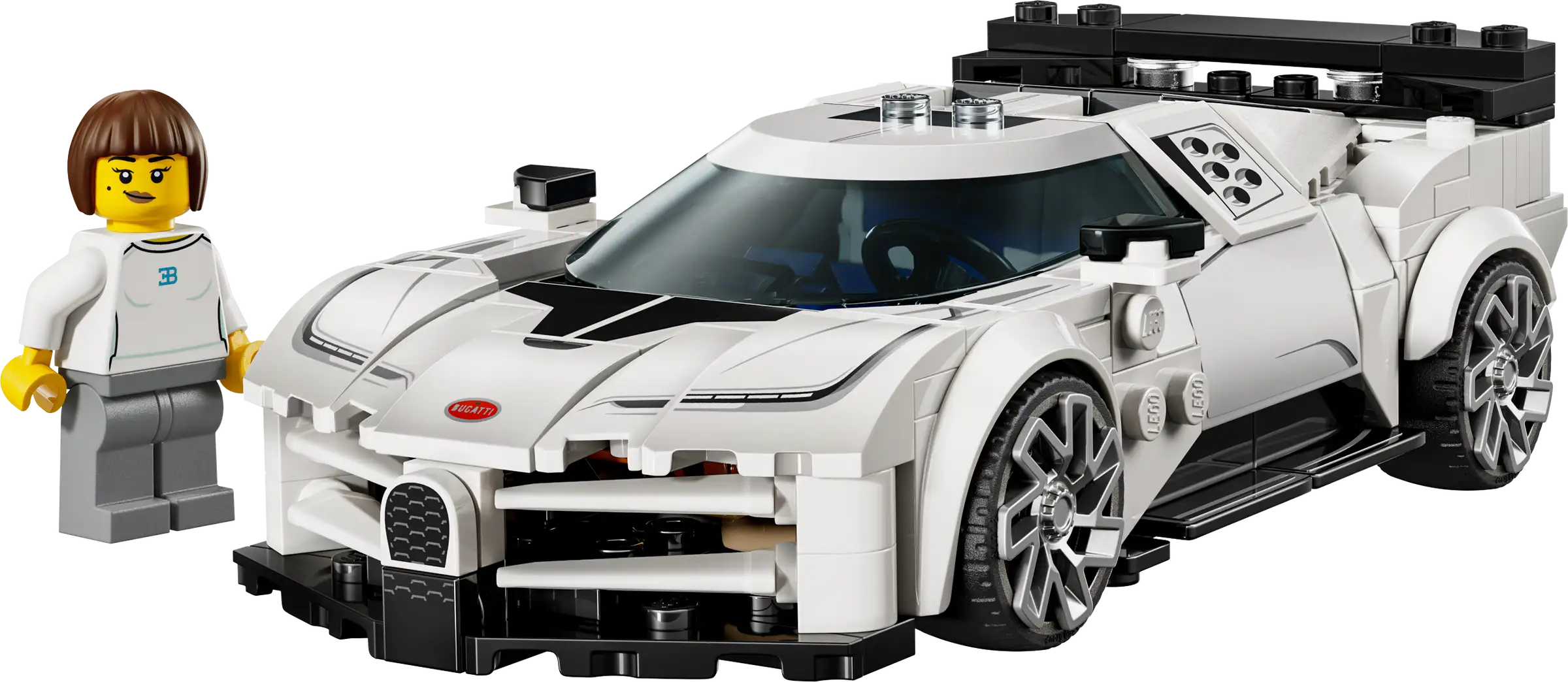 LEGO 77240 Bugatti Centodieci of a white sports car with a small LEGO figure next to it