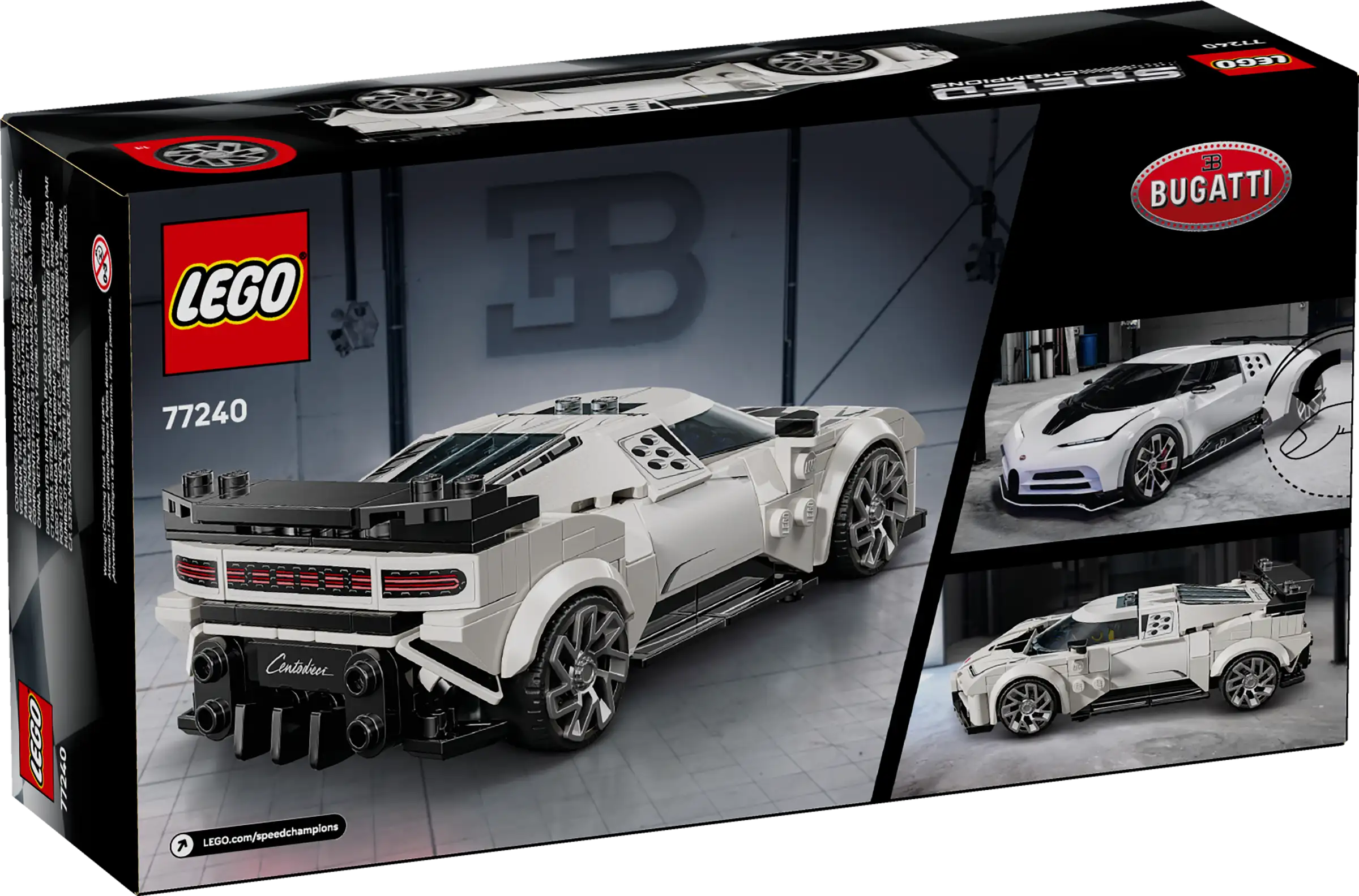 LEGO Bugatti car set packaging with model and brand logos.