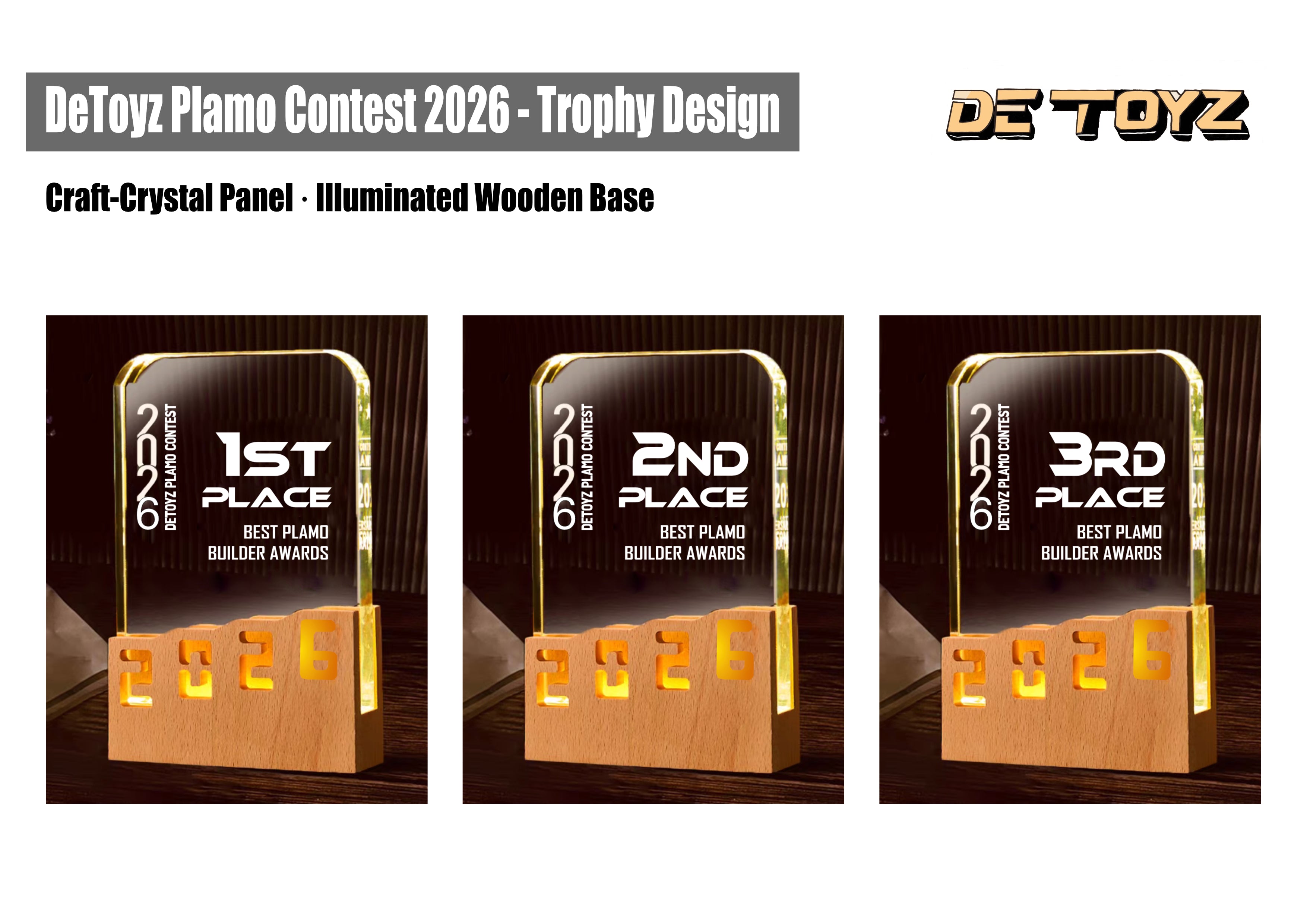 DeToyz Plamo Contest 2026 illuminated craft-crystal trophies for 1st, 2nd and 3rd place