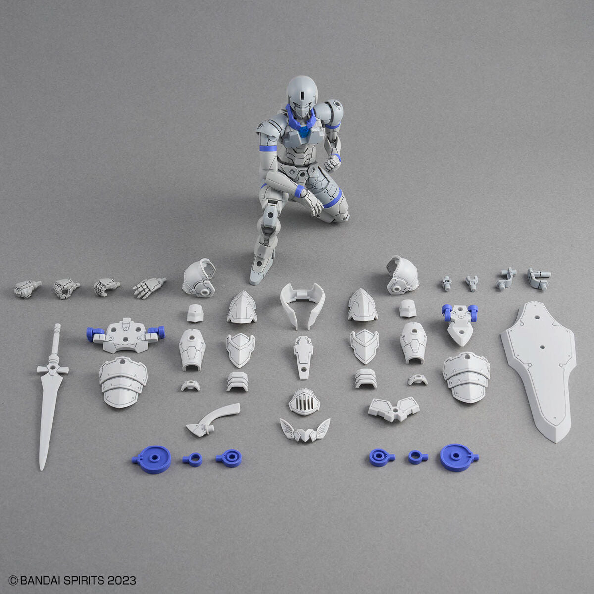 30MF Liber Knight model kit with pieces on a gray background, featuring Bandai Spirits branding.