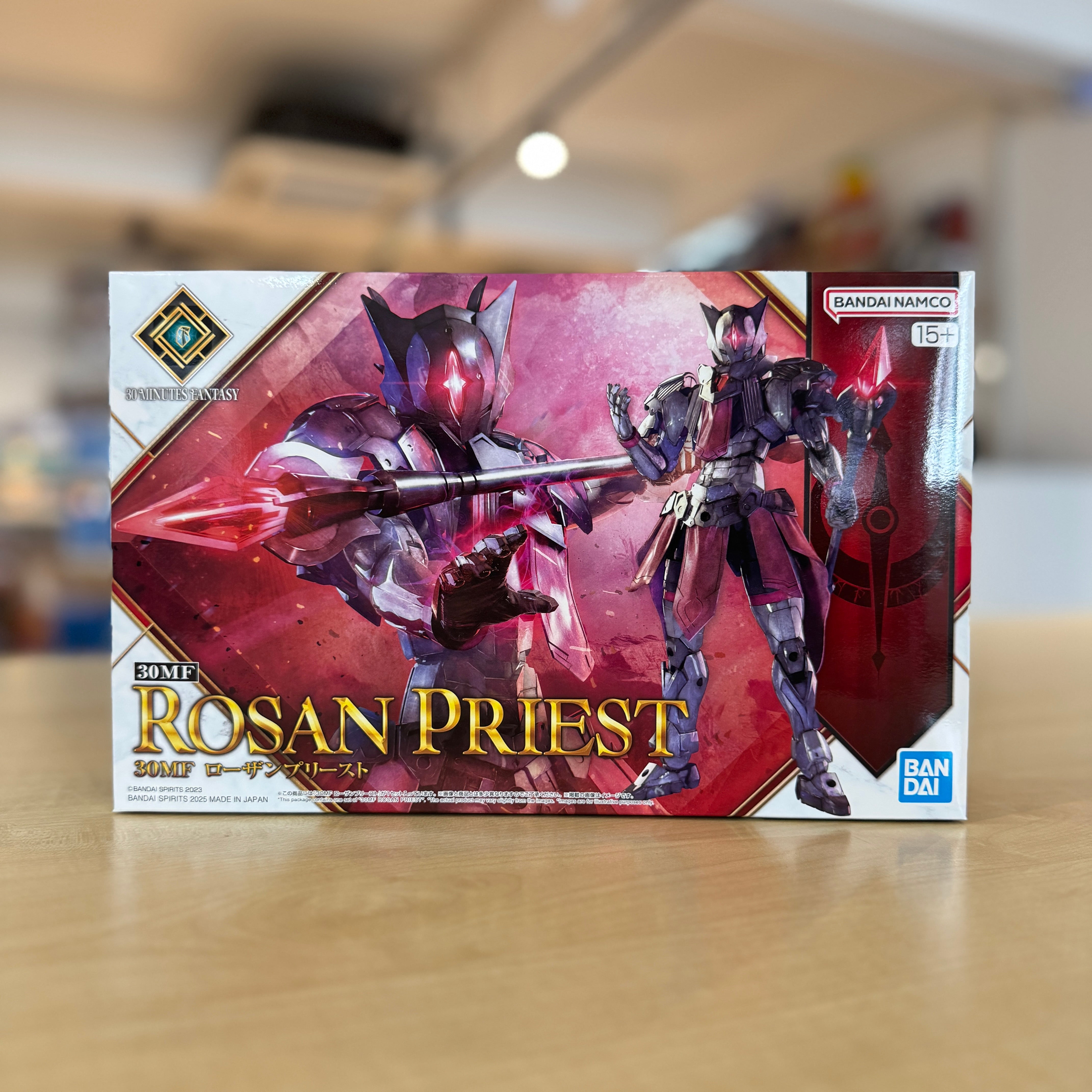Model kit packaging of Rosan Priest with BANDAI NAMCO branding on a blurred indoor background