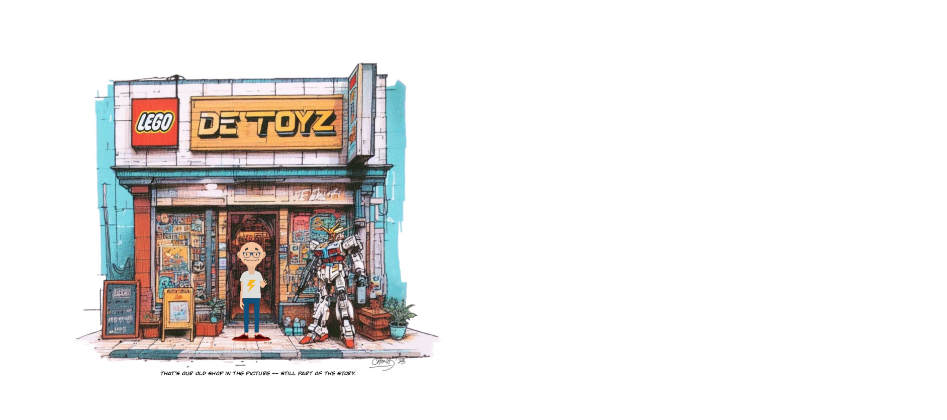 Illustrated storefront of DeToyz, a LEGO and model kit shop in Malaysia, featuring a nostalgic hand-drawn facade, LEGO signage, and the shop owner avatar standing beside a Gundam model.