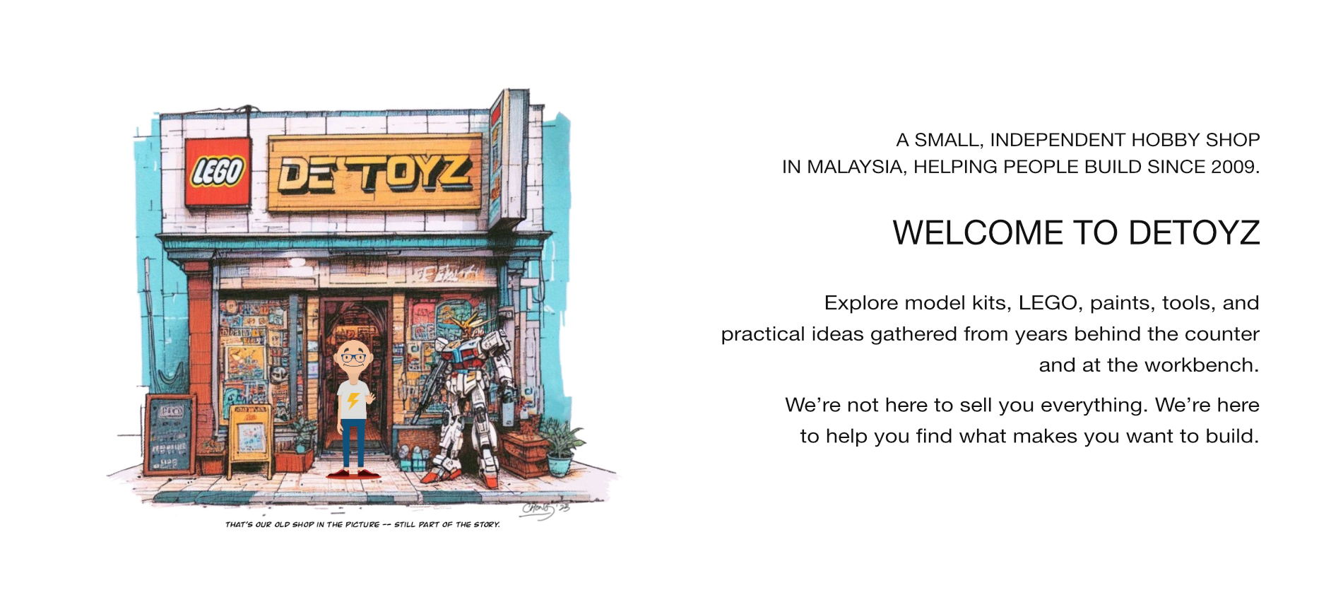 Illustrated storefront of DeToyz, a LEGO and model kit shop in Malaysia, featuring a nostalgic hand-drawn facade, LEGO signage, and the shop owner avatar standing beside a Gundam model.