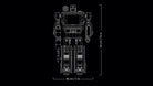 Technical drawing of LEGO 10358 Transformers: Soundwave with dimensions on a black background