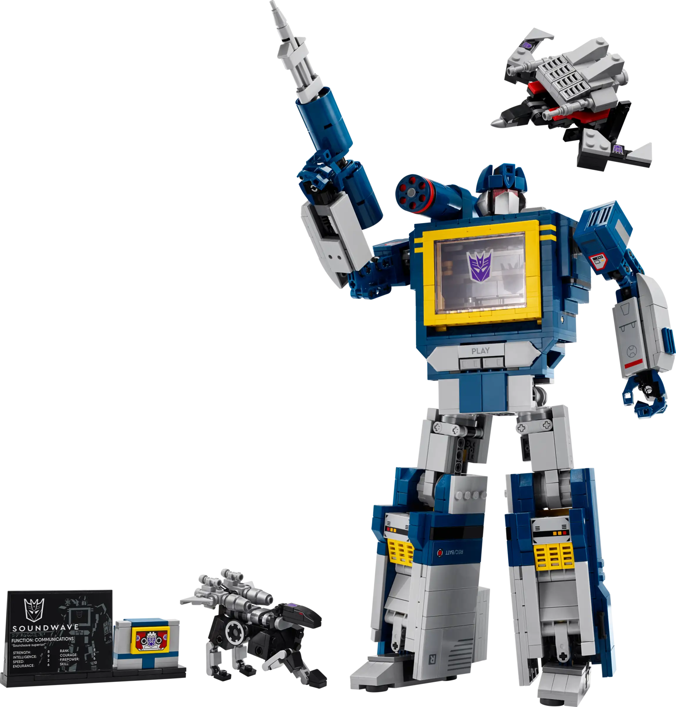 LEGO 10358 Transformers: Soundwave with a smaller robot and box on a white background