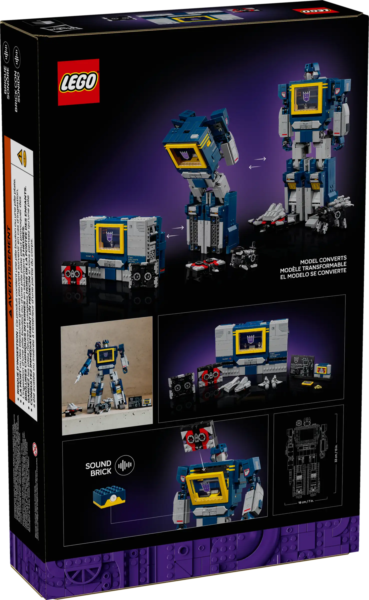 LEGO 10358 Transformers: Soundwave set packaging with robot model illustrations on a black background