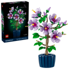 LEGO Botanicals set LEGO 10372 Hibiscus in a blue pot, next to its packaging.
