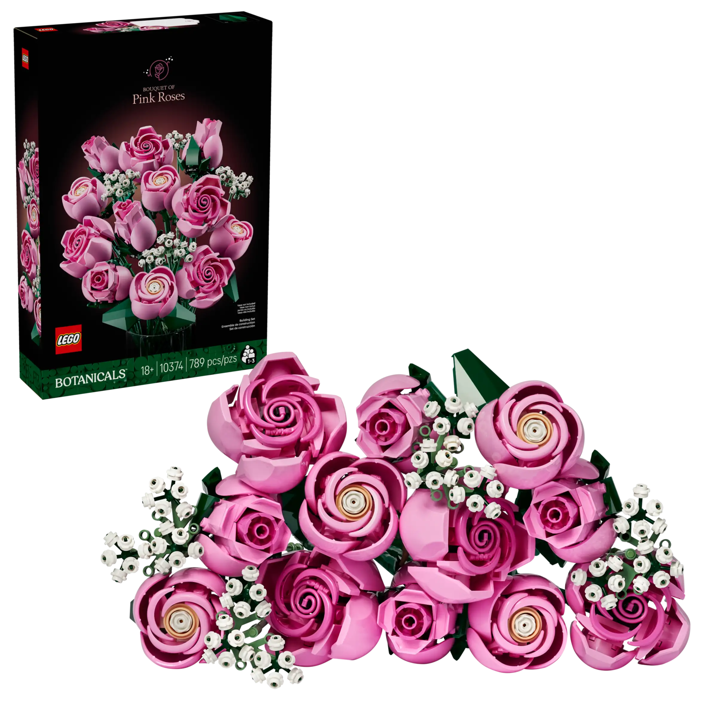 LEGO Botanicals Pink Roses set with packaging on a white background