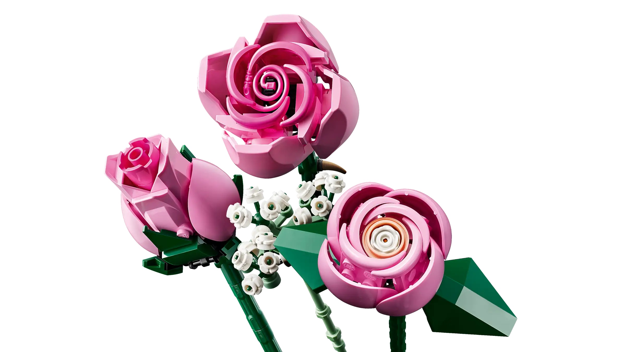 Three pink roses made of interlocking bricks on a white background