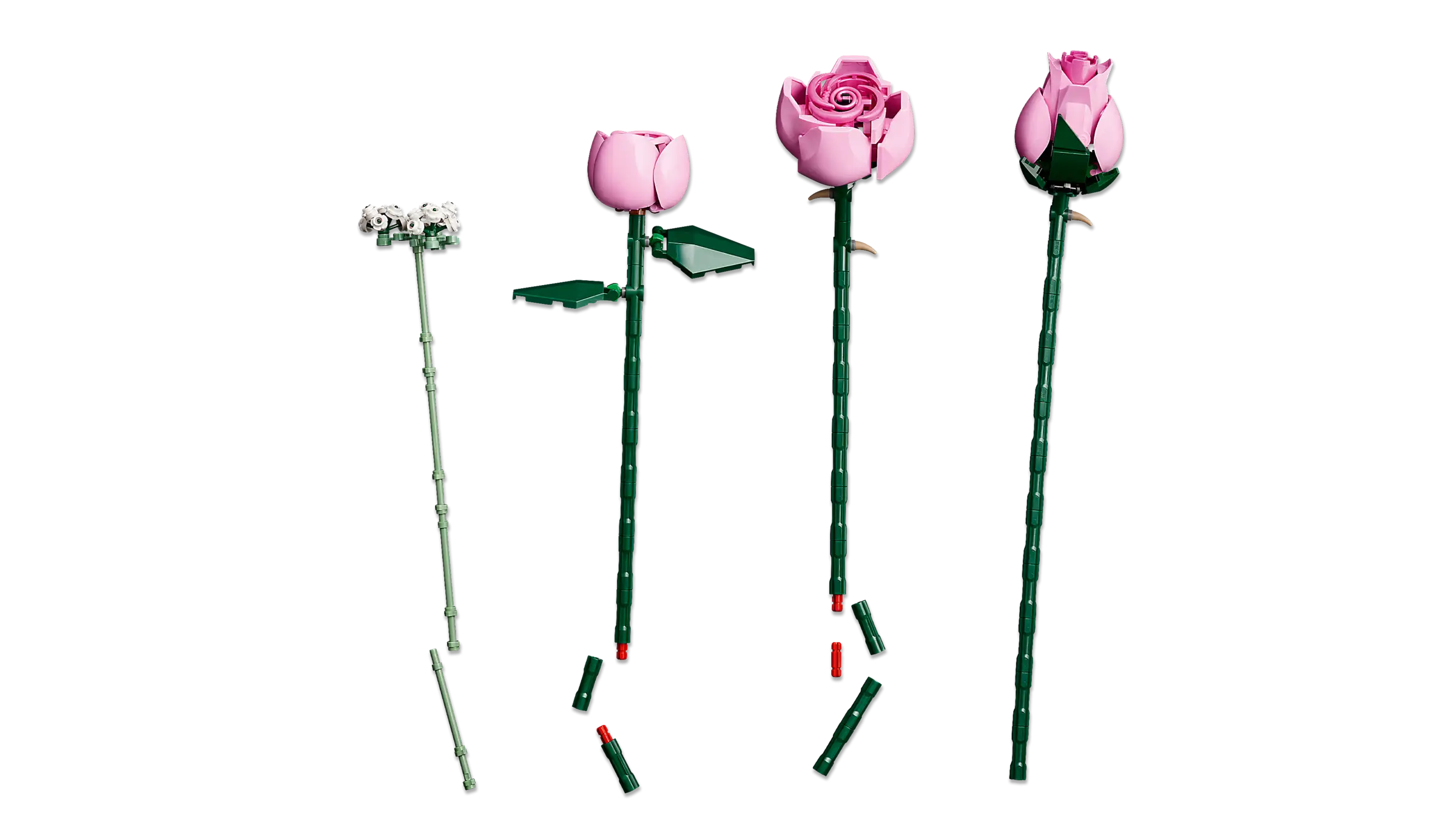 Three pink roses on green sticks with a white background - LEGO 10374 Bouquet of Pink Roses