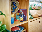Wooden shelf with LEGO 31173 Tropical Toucan, including a colorful figurine and a blue container.