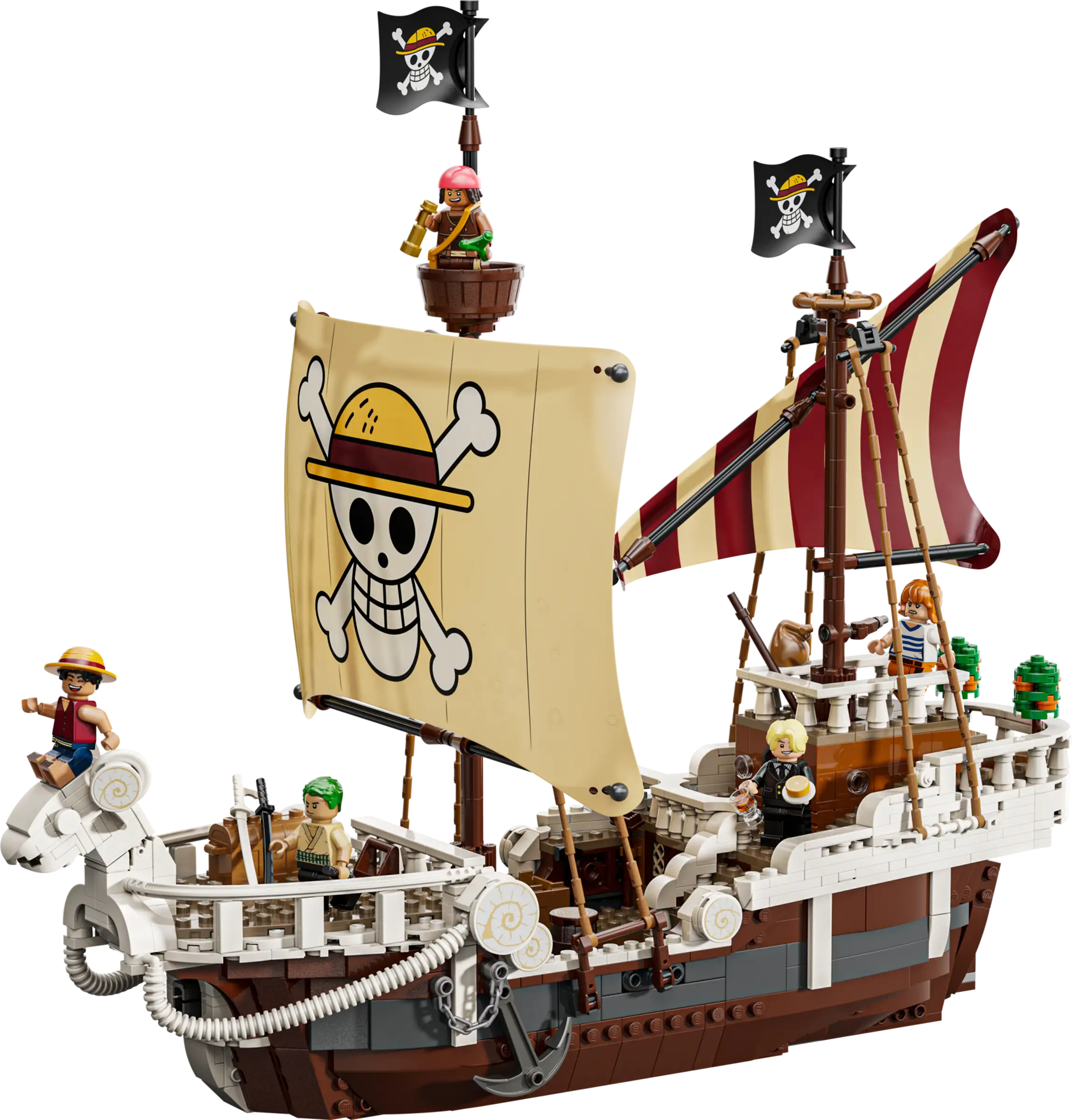 LEGO 75639 The Going Merry Pirate Ship model made of building blocks with flags and figures on a white background
