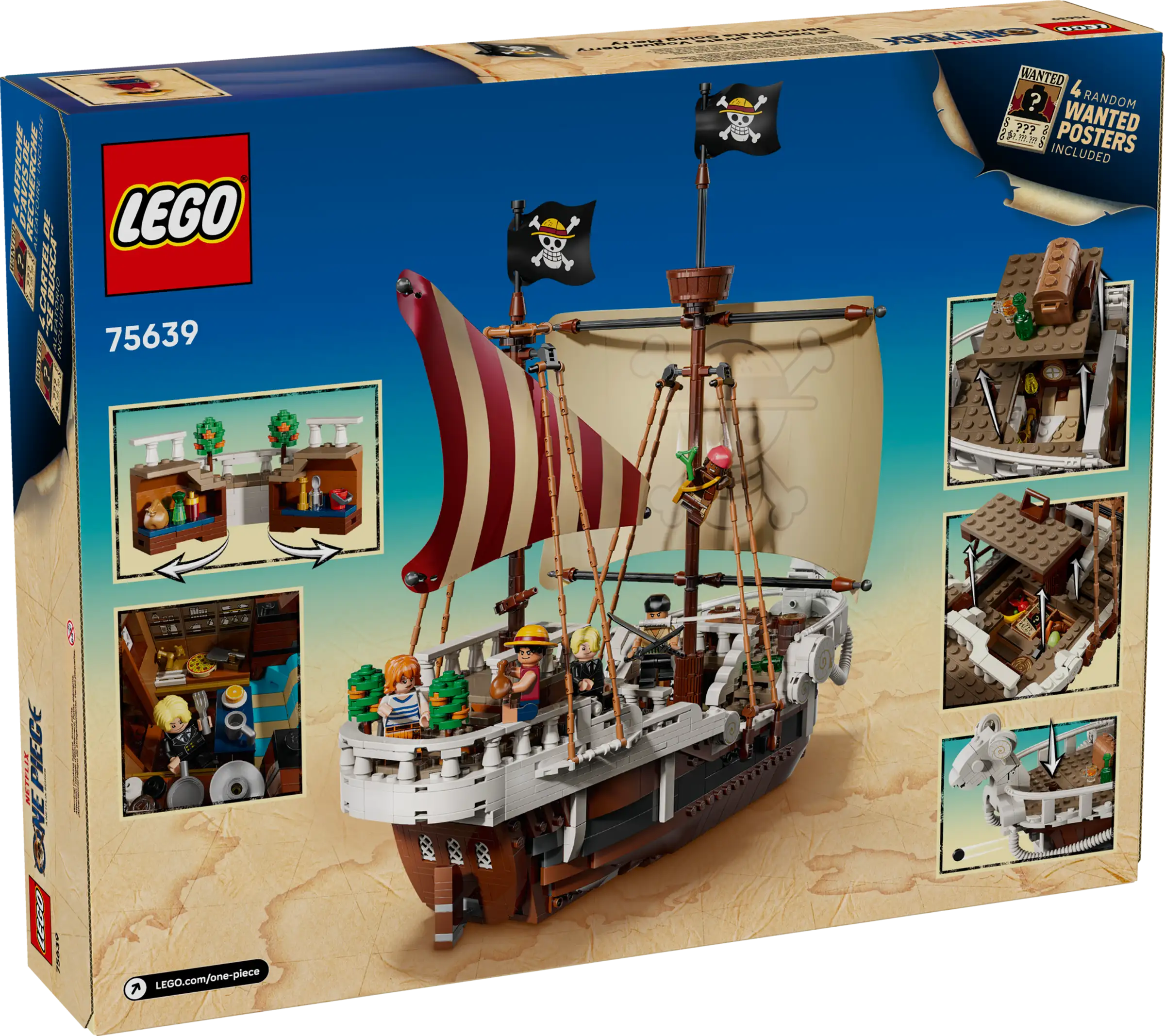 LEGO 75639 The Going Merry Pirate Ship set packaging with illustrations of features.
