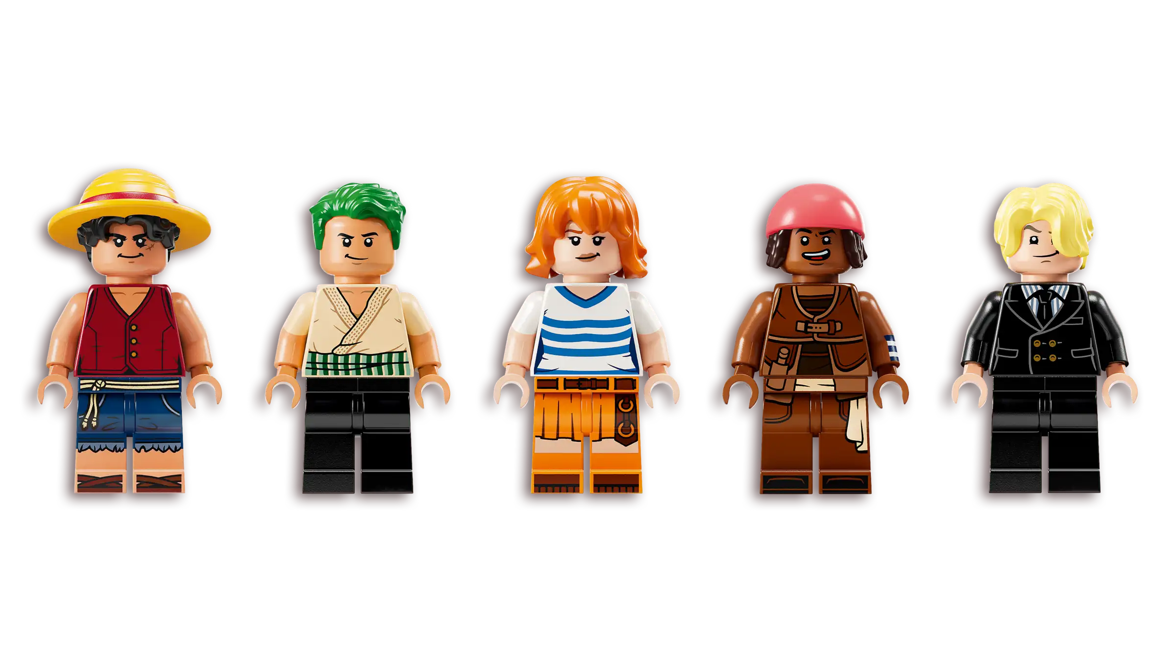 Five LEGO minifigures with different hairstyles and outfits on a white background - LEGO 75639 The Going Merry Pirate Ship Set