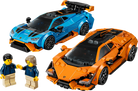 LEGO 77238 Lamborghini Revuelto & Lamborghini Huracán STO Two toy sports cars, one blue and one orange, with two small figures on a white background.