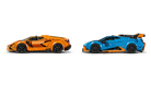 LEGO 77238 Lamborghini Revuelto & Lamborghini Huracán STO Two toy cars, one orange and one blue, on a white background