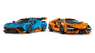LEGO 77238 Lamborghini Revuelto & Lamborghini Huracán STO  - Two toy sports cars, one blue and one orange, on a white background