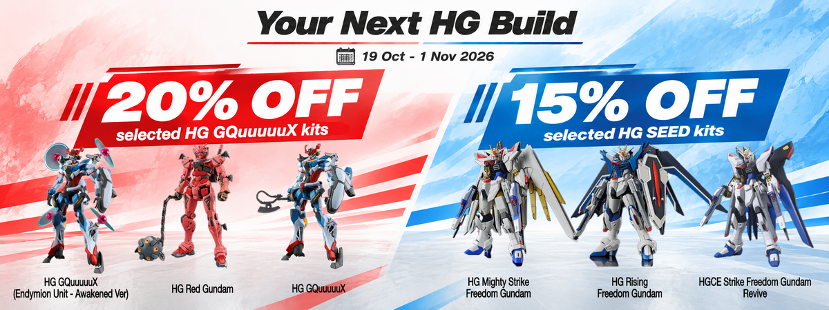 Promotional banner for HG build kits with two large discount callouts: '20% OFF selected HG GQuuuux kits' on the left and '15% OFF selected HG SEED kits' on the right. The top reads 'Your Next HG Build' with dates '19 Oct - 1 Nov 2026'.